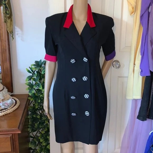 Vtg 80’s mini DRESS purple red black short sleeve New Wave S M - Picture 7 of 10